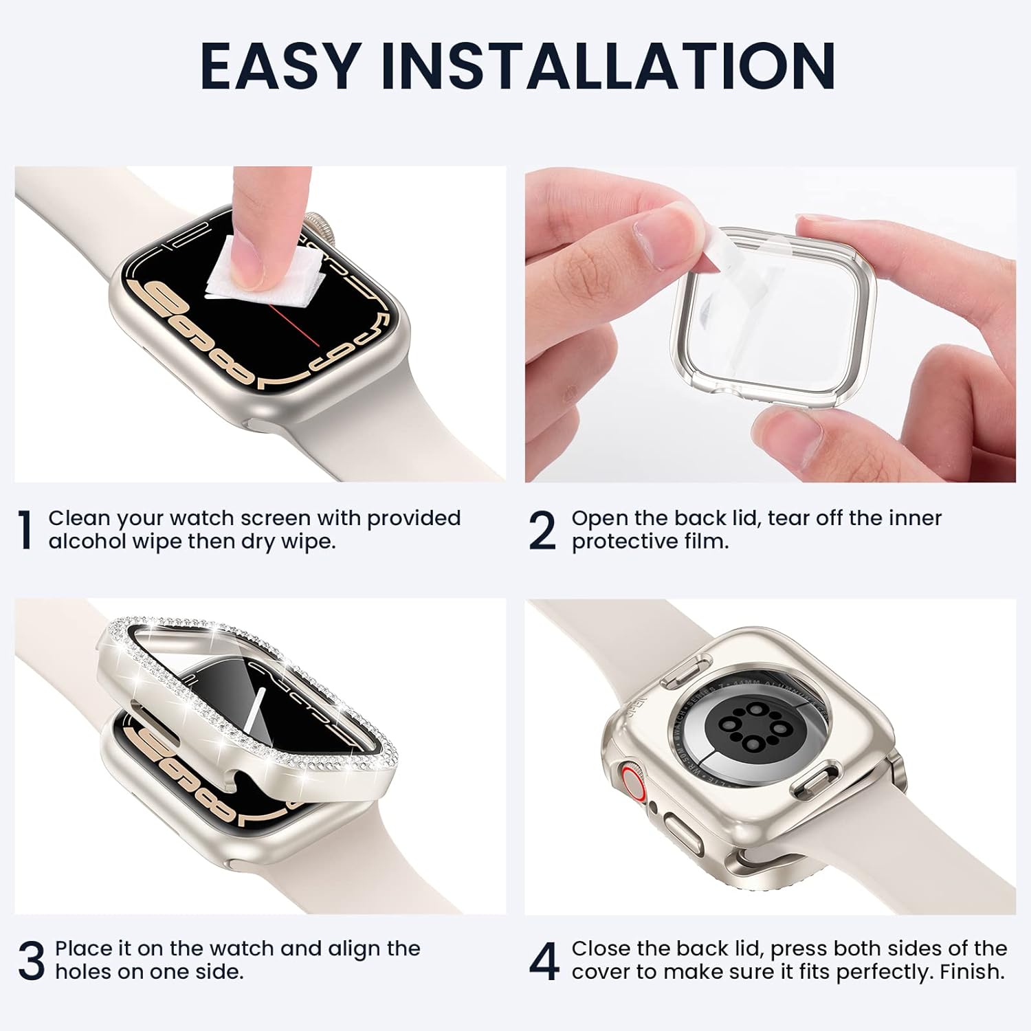 Tensea [2 in 1] for Waterproof Apple Watch Screen Protector Series 8 7 41mm Accessories, iWatch Hard Diamond Bumper Case Built-in Tempered Glass Film, Front & Back Bumper, Bling Face Cover Women - Image 7